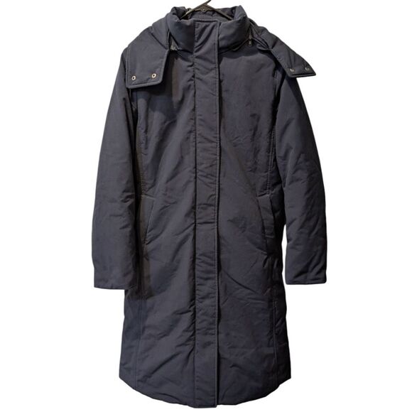 Uniqlo Men's S Navy Full Length Parka Coat Hooded w/ Faux Fur Trim Down Lining - Picture 1 of 6